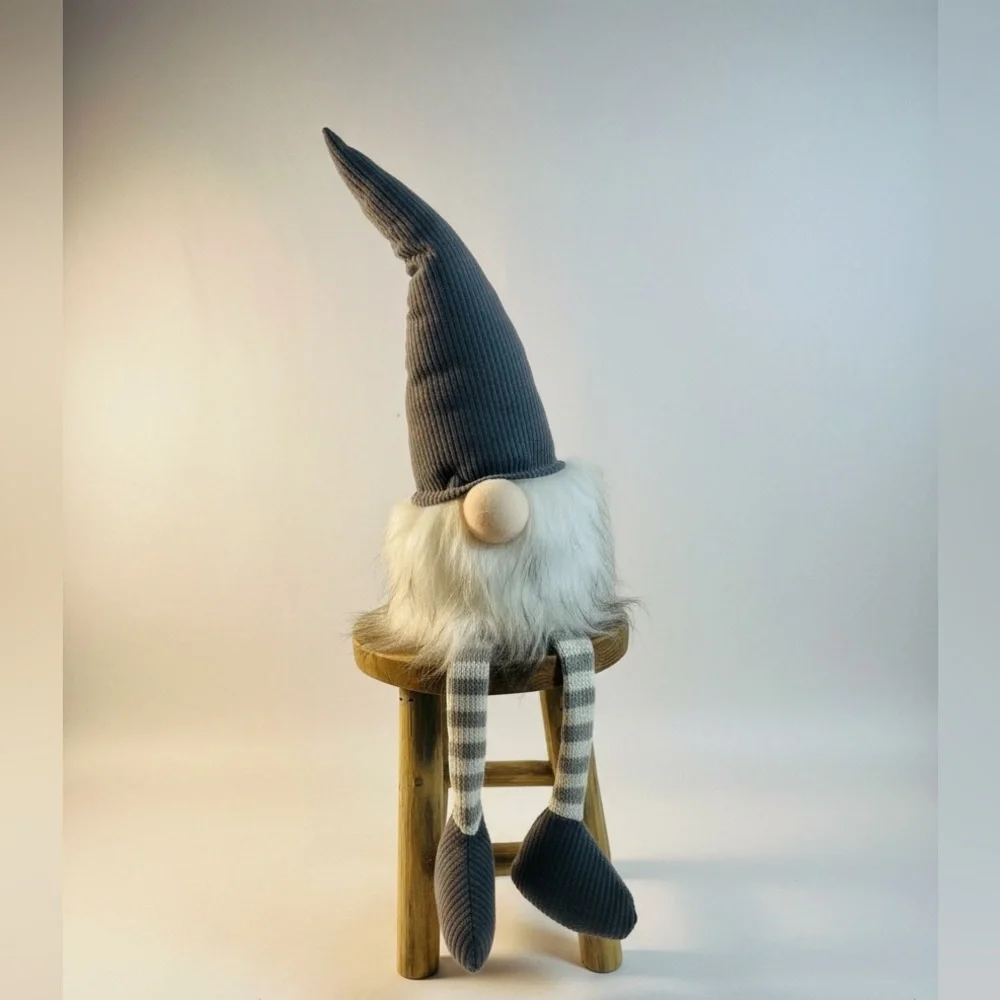 Sitting Gnome, Wooden Stool Set Gray Hat Long Legs Plush Shelf Sitter Décor